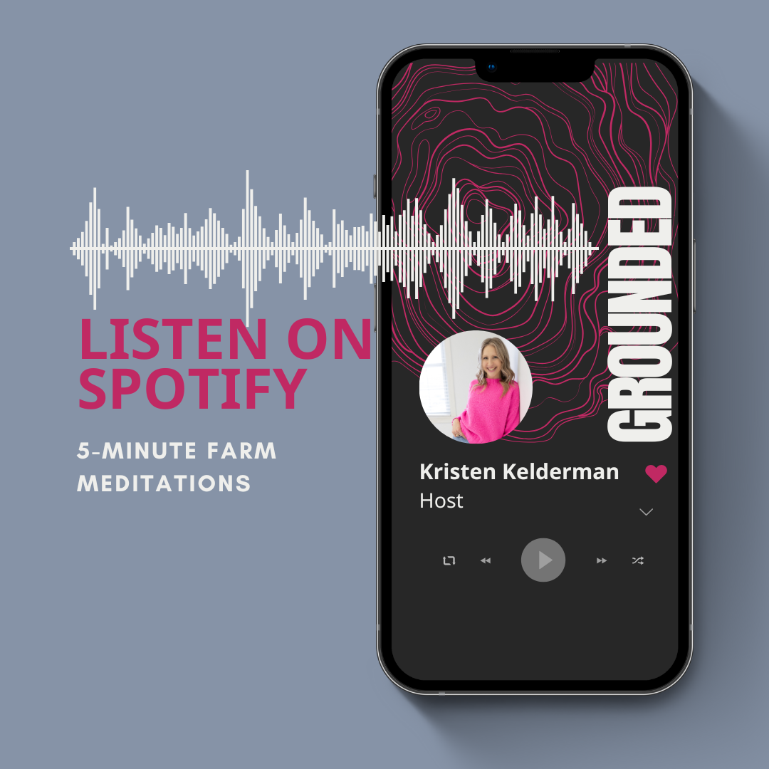 A digital graphic promoting listening to a podcast on Spotify, featuring a smartphone with the podcast episode hosted by Kristen Kelderman, with a waveform graphic, a profile picture of a woman in a pink sweater, and text that encourages listening on Spotify with a background of contour lines and a waveform.