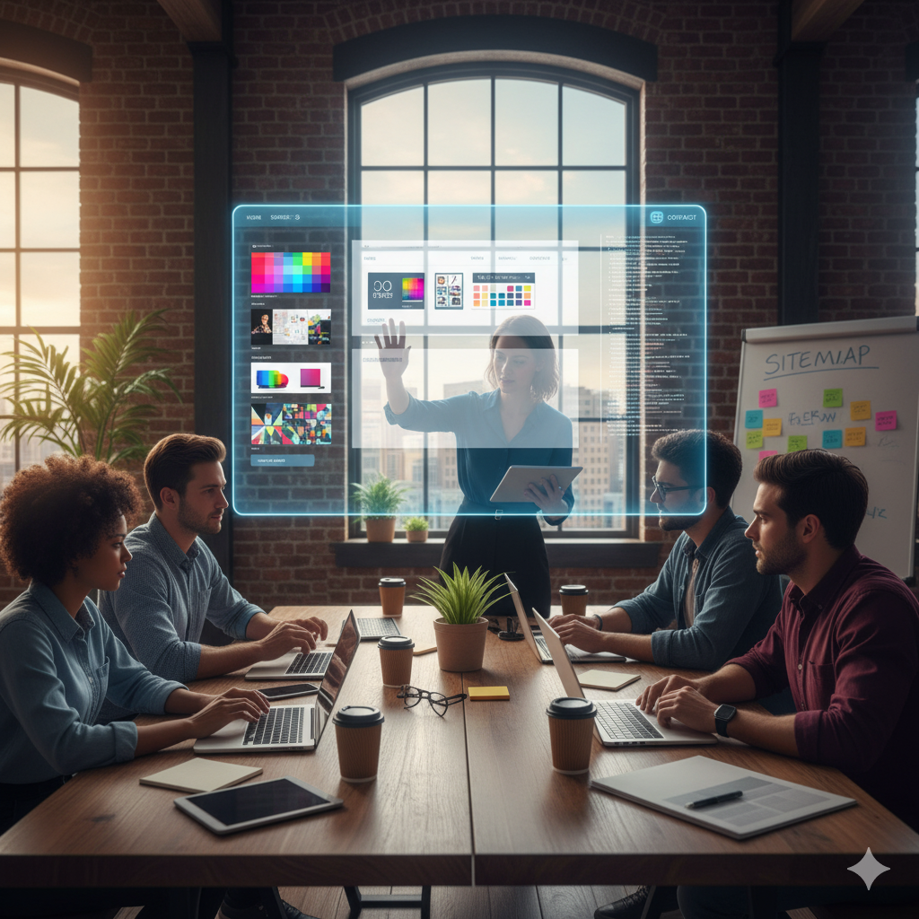 AI image of employees sitting around a table talking paid search strategy