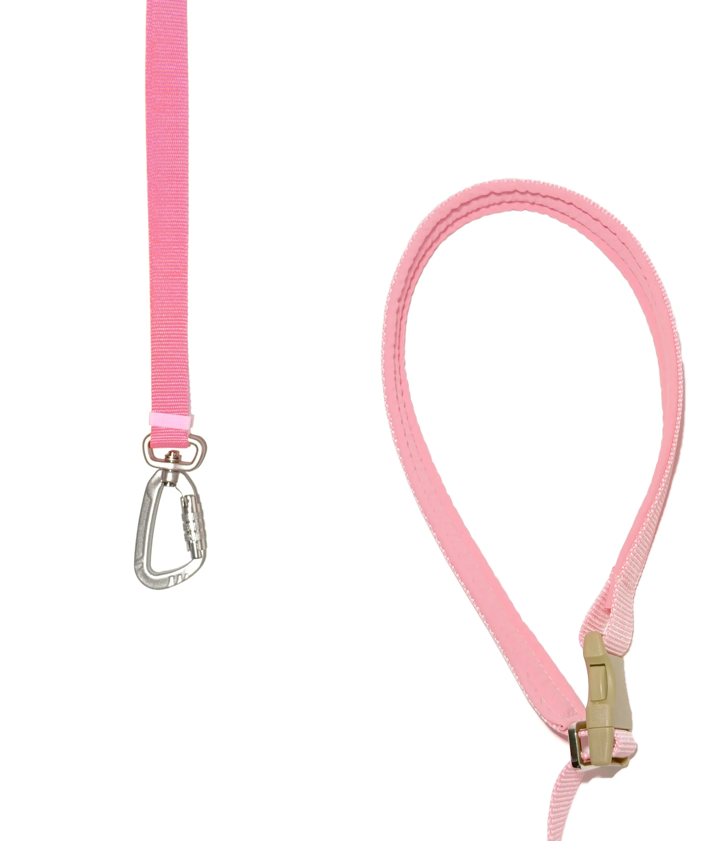 Dog wearing the SEKAIPET Pale Flux pink adjustable dog leash and matching collar with technical metal hardware.