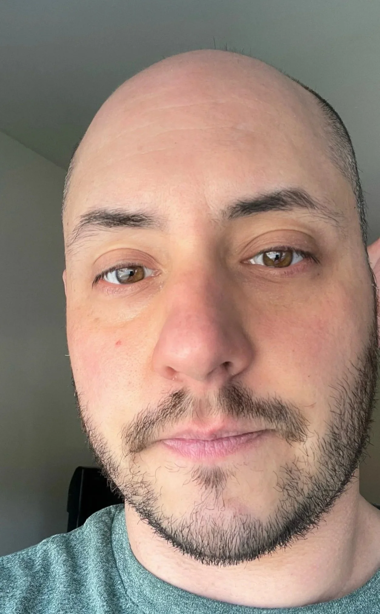 Close-up of a man's face with a shaved head, brown eyes, and a short beard, wearing a gray shirt, indoors.