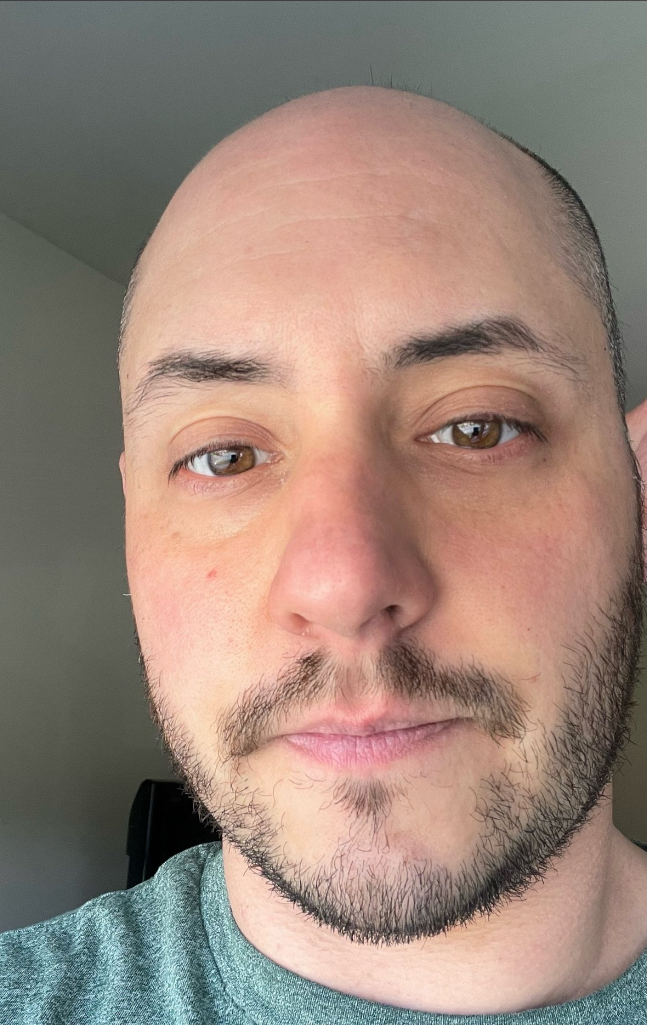 A close-up of a man with a shaved head, brown eyes, and a beard, wearing a green shirt.