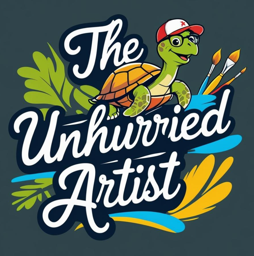 A cartoon turtle wearing glasses and a backwards baseball cap, holding paintbrushes, with text reading 'The Unhurrried Artist' and decorative leaves and paint splashes.