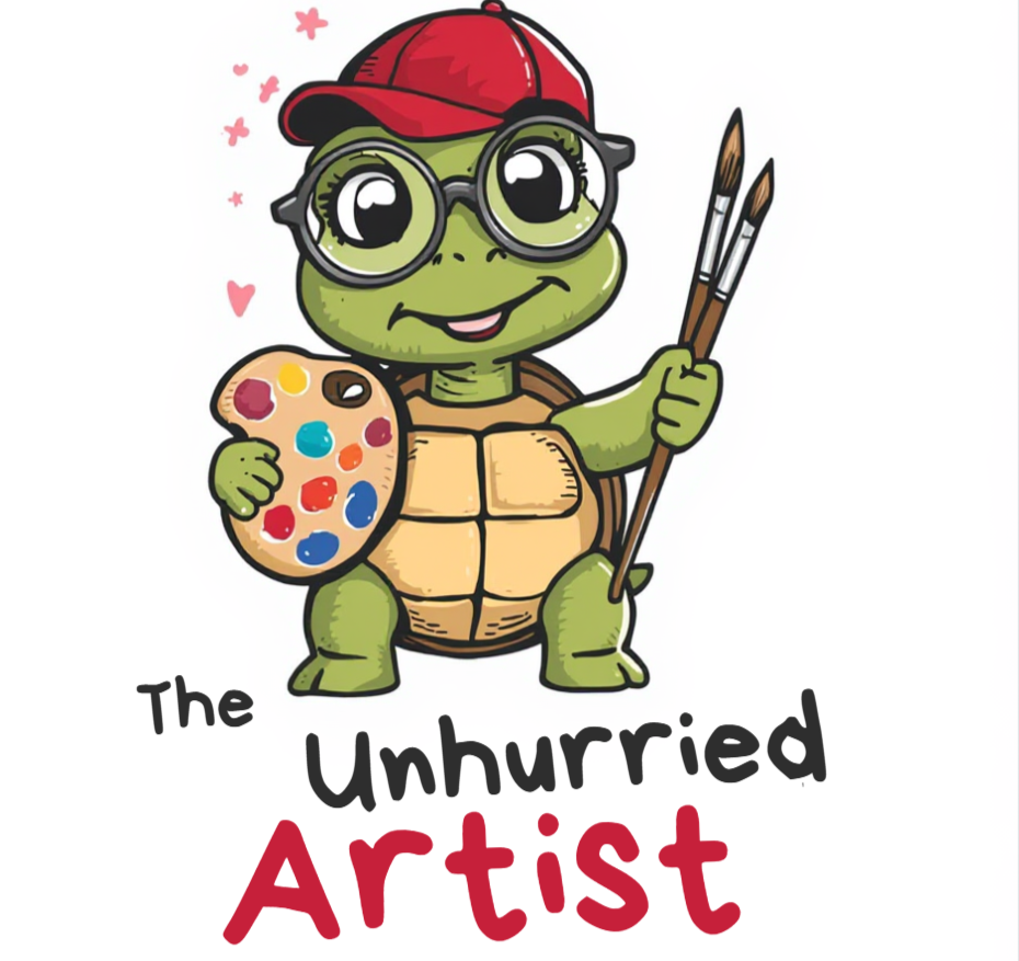 A cute turtle cartoon wearing glasses, a red cap, and a brown apron, holding a painter's palette with colorful paints in one hand and paintbrushes in the other, with hearts around its head, and the words "The Unhurried Artist" below.