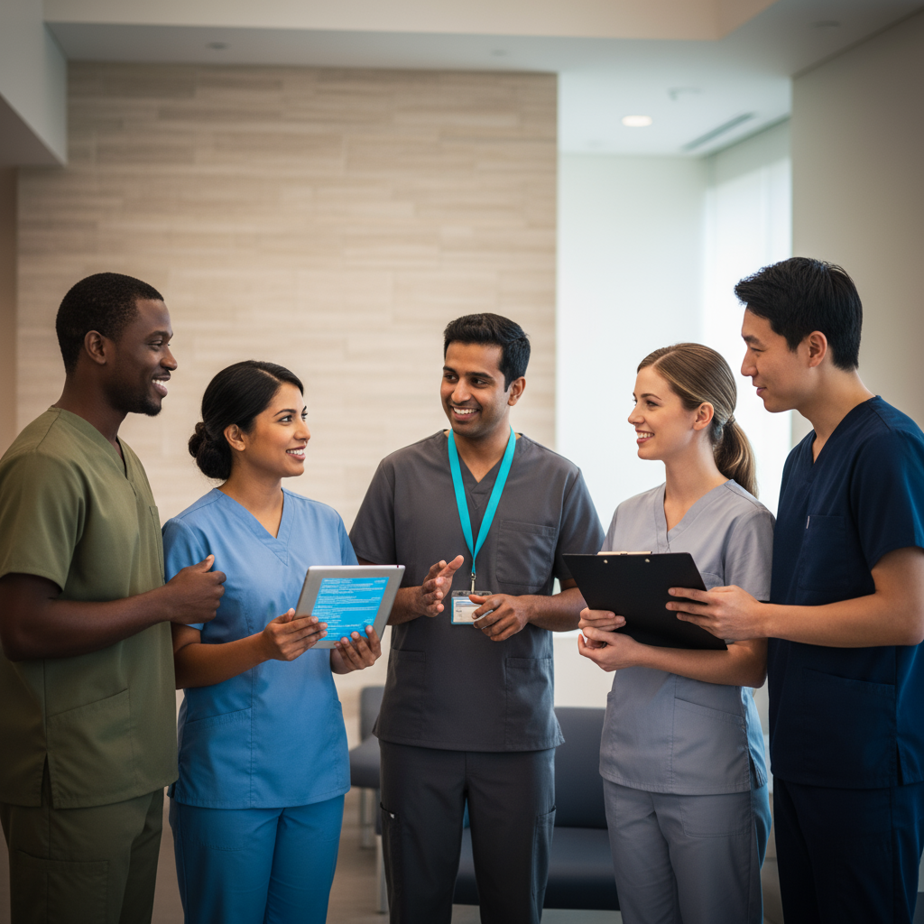 Group of five healthcare professionals in scrubs engaged in conversation in a hospital or clinic setting.