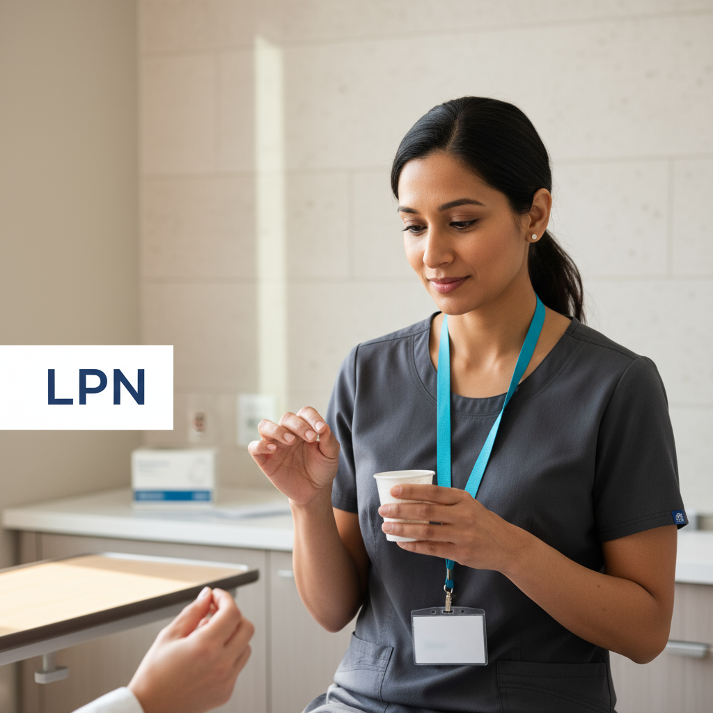 A female nurse in gray scrubs with a blue lanyard and badge, holding a small cup of yogurt and smiling.