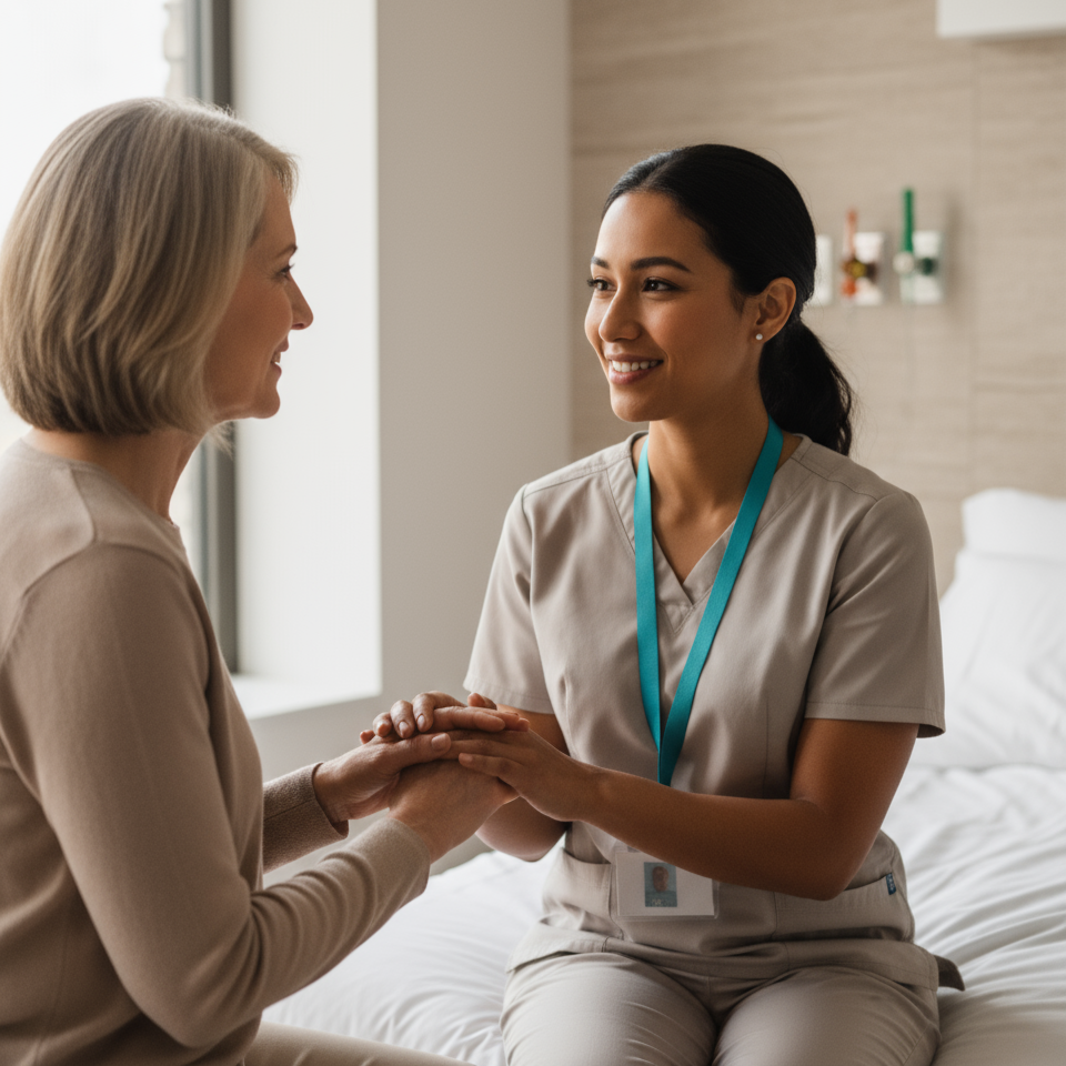 A nurse and an elderly patient holding hands and smiling in a hospital room.