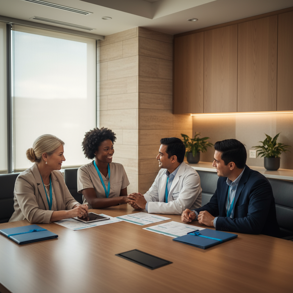 Four diverse healthcare professionals in a meeting room, engaging in a discussion and handshaking.