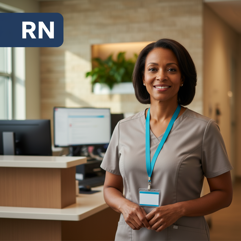 Female nurse with a name badge standing in a hospital or clinic environment, smiling.