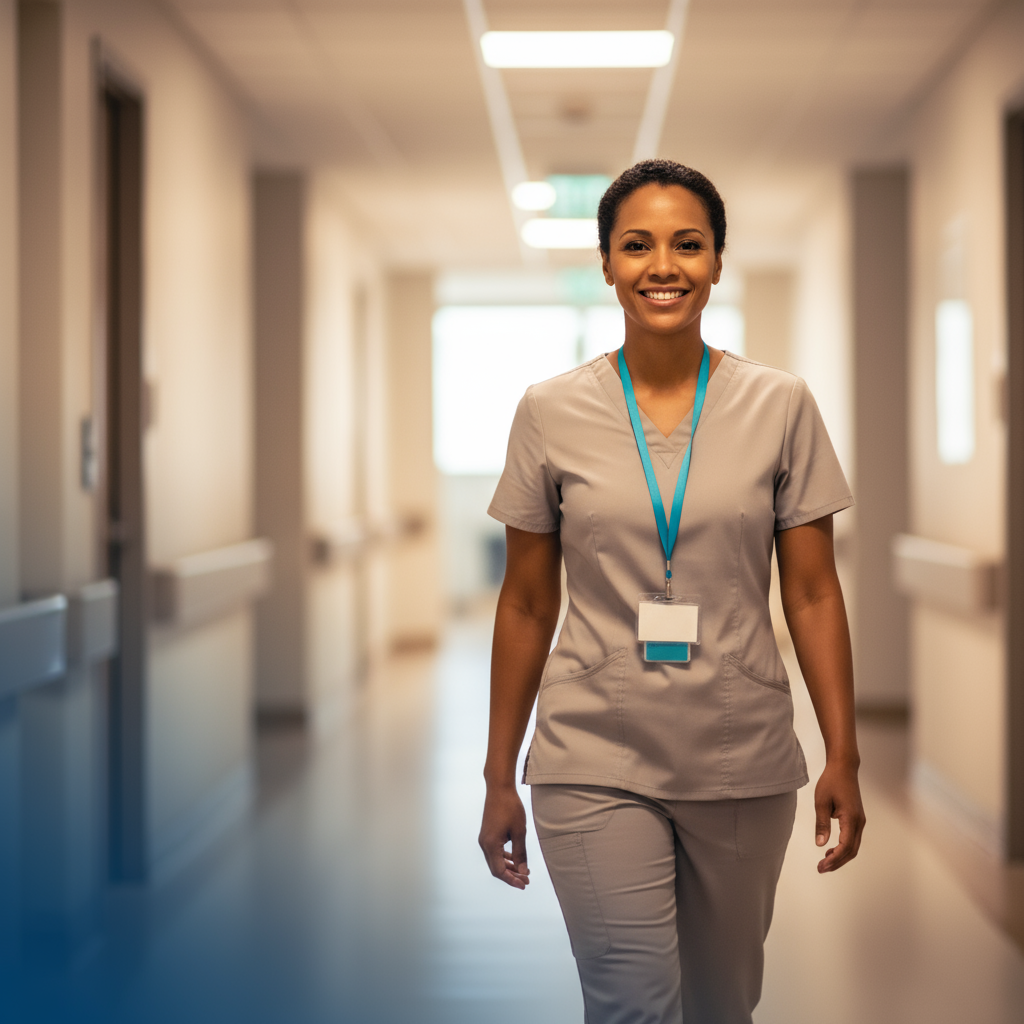 A smiling female nurse walking down a hospital corridor, wearing beige scrubs and a hospital ID badge.