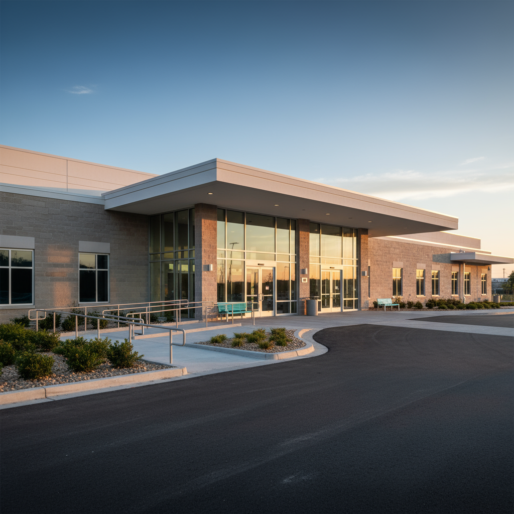Modern medical or office building with glass entrance, landscaped front, benches, and clear sky at sunset.