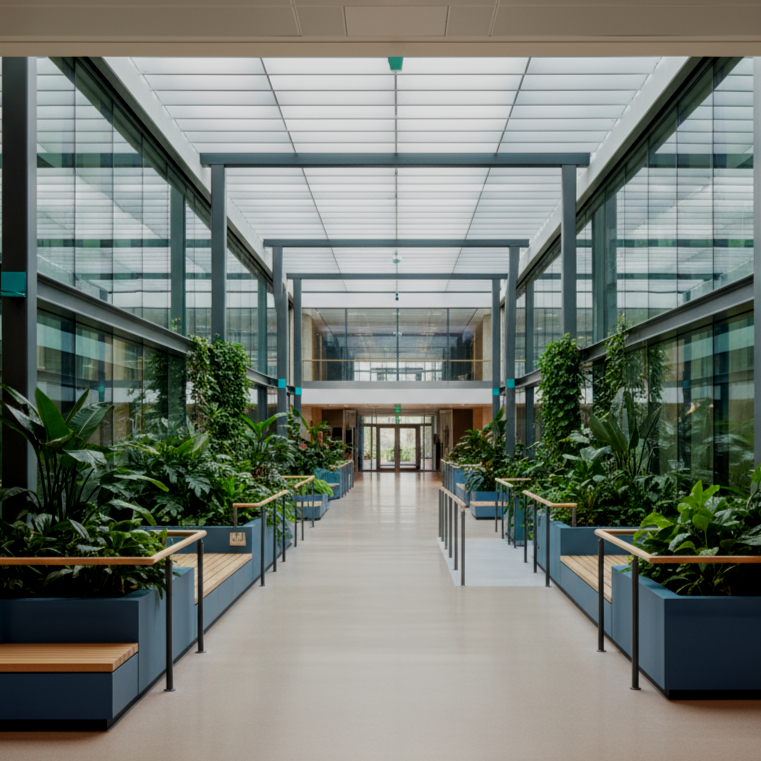 Modern indoor atrium with plants and seating