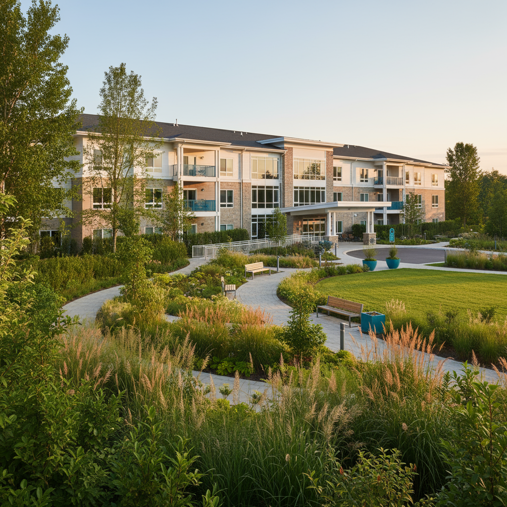 A modern multi-story apartment building surrounded by landscaped gardens, winding pathways, and benches, with trees and greenery in the foreground and a clear sky in the background.