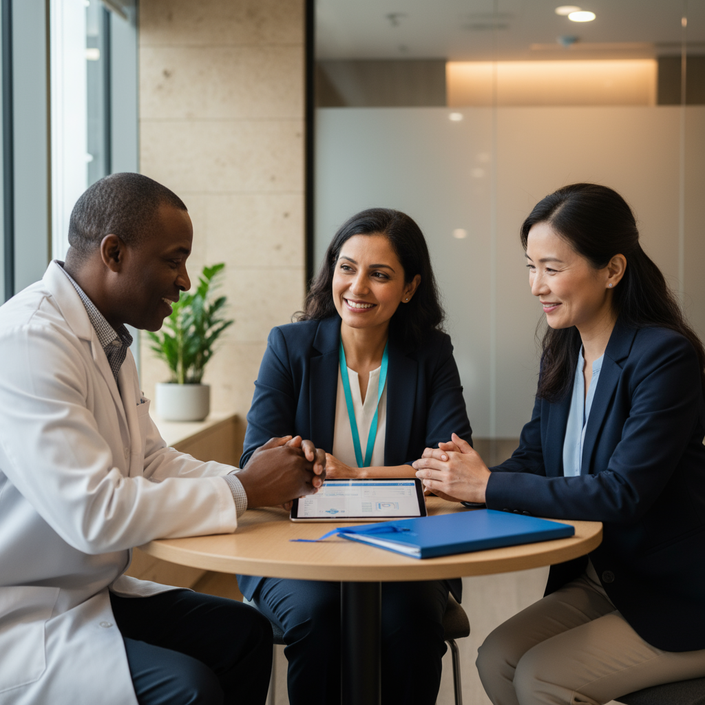 Three professionals, including a doctor and two women, are seated around a table in a medical office or conference room, engaging in a discussion. They are smiling and looking at a tablet on the table.