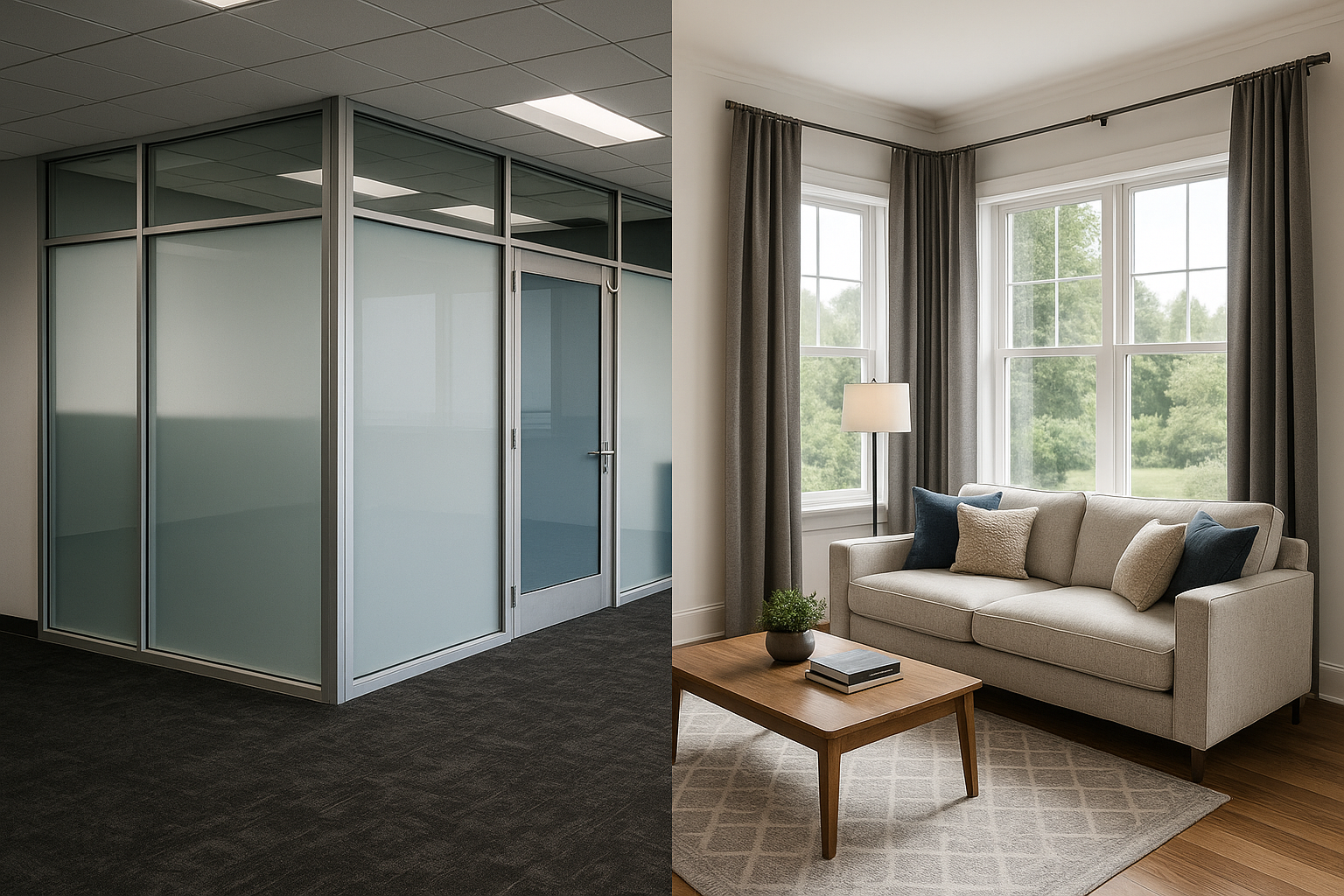 Comparison of two office spaces: one with glass walls and carpeted floor, the other with a living room setup including a beige sofa, wooden coffee table, and large windows with curtains.