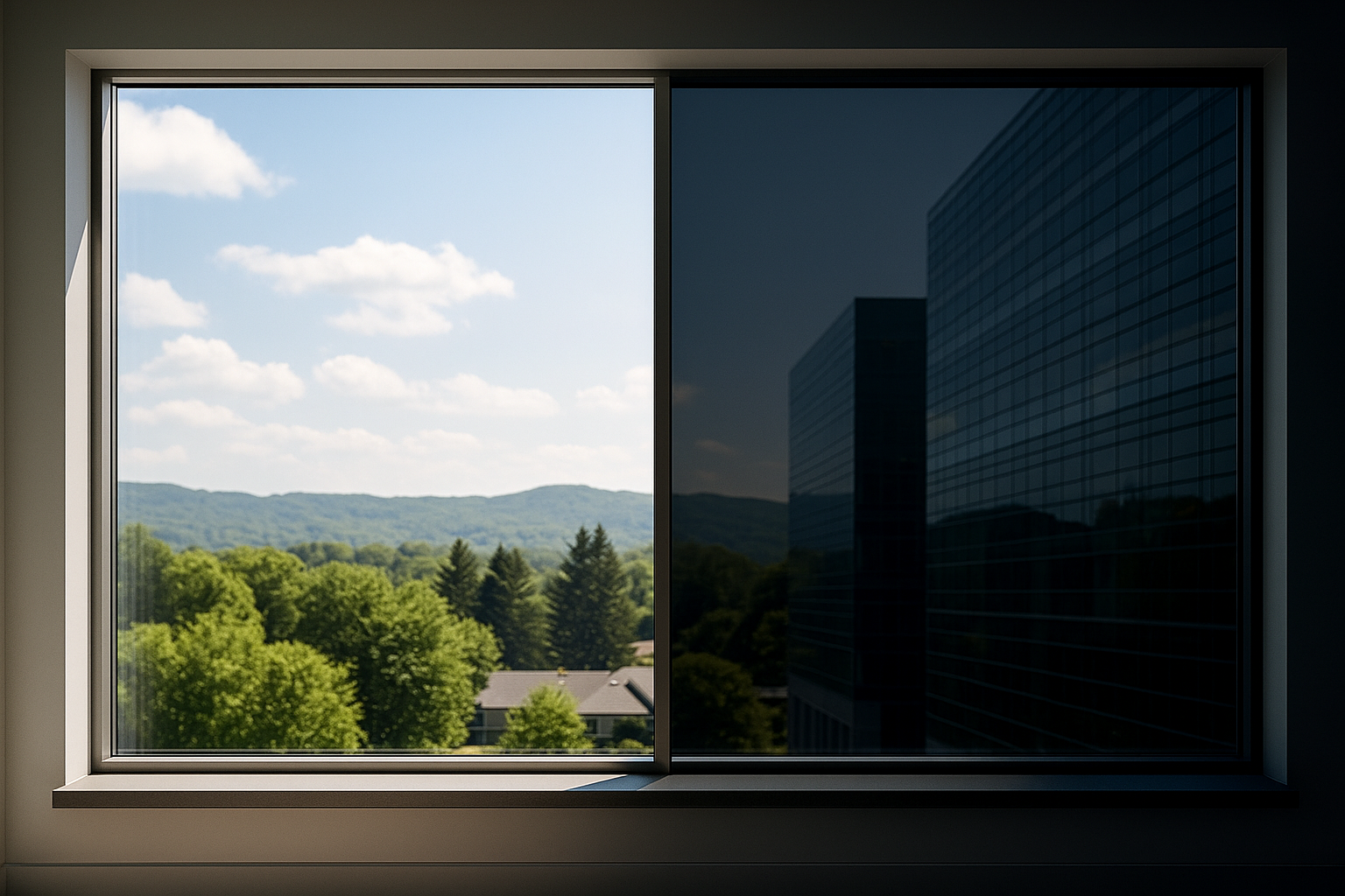 A window with a view of green trees and hills on a sunny day, with a foggy mountain range in the background, and a contrasting reflection of a modern glass building on the right side of the window.