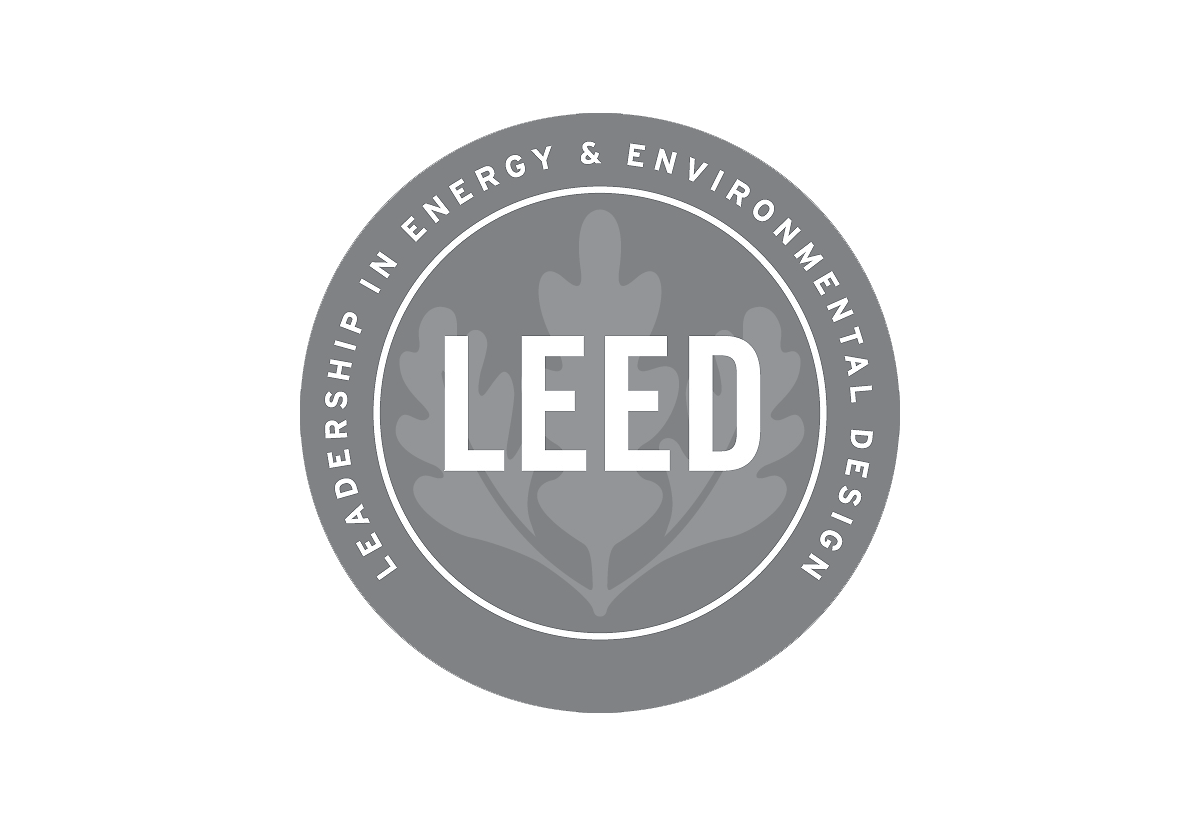 LEED certification badge with a leaf emblem, indicating leadership in energy and environmental design.