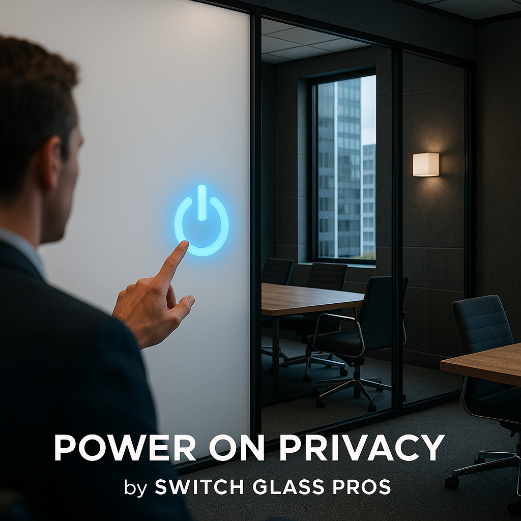 A man in a business suit pressing a blue illuminated power button symbol in an office conference room with glass walls and city views.