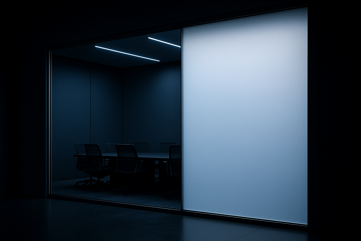 Modern office with switchable smart film glass wall, half clear and half frosted, showing instant privacy transformation under soft blue lighting.