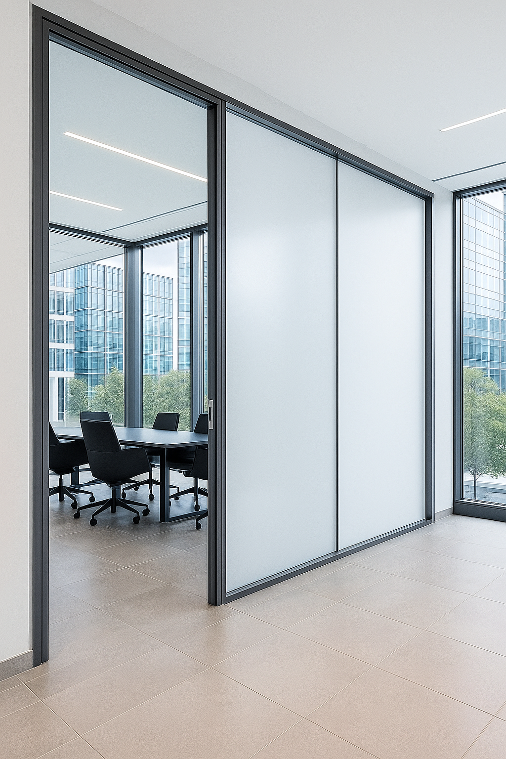 Modern office conference room with large windows, black chairs around a table, inside a tall building.