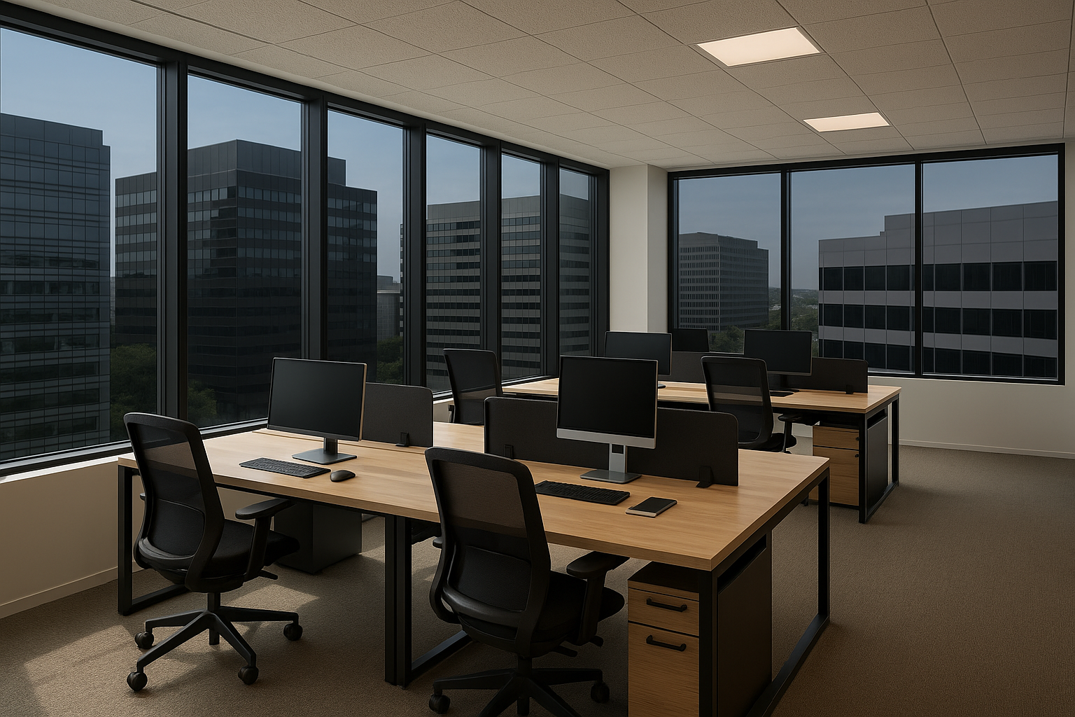 Empty modern office with desks, computer monitors, office chairs, and large windows showing cityscape
