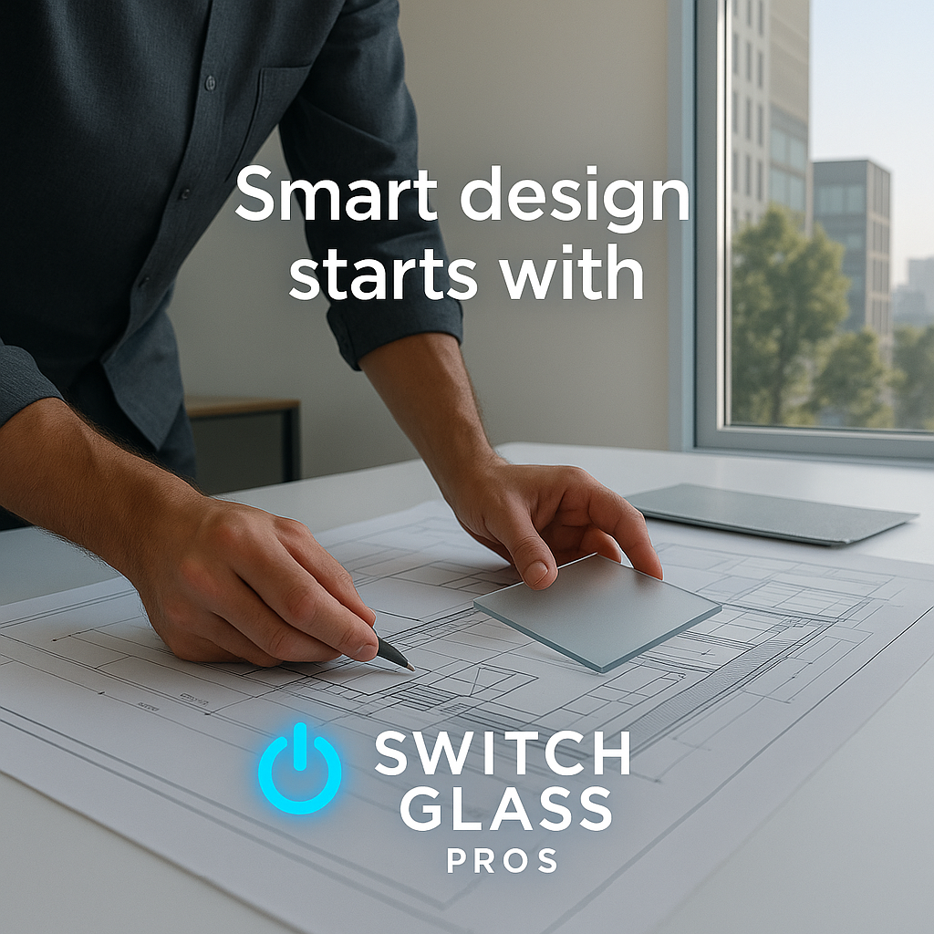 Person working on architectural plans on a white table near a large window with city view, with overlay text 'Smart design starts with SWITCH GLASS PROS' and a blue power icon.