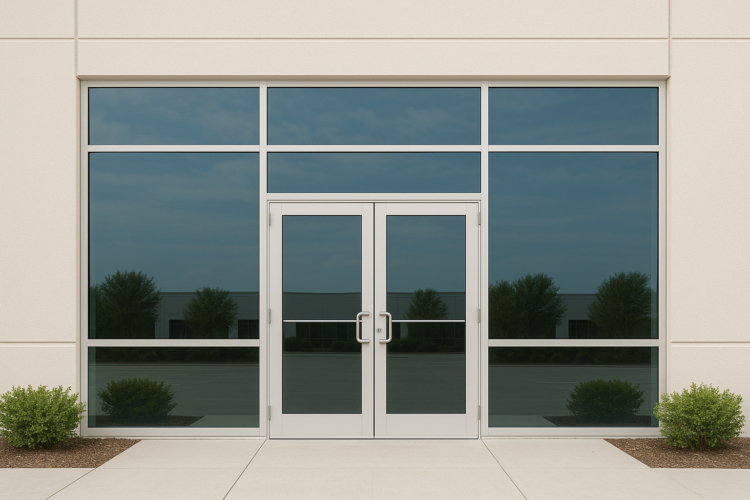 Modern building entrance with glass double doors and large windows, surrounded by small bushes, driveway, and cloudy sky reflection.