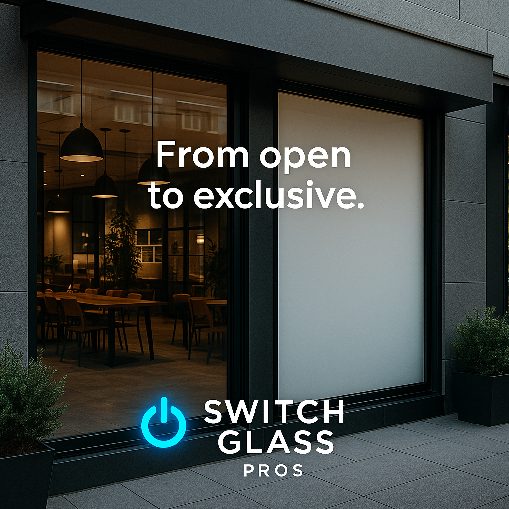 A storefront with large glass windows showing an interior with pendant lighting and tables, with text overlay saying 'From open to exclusive.' and a blue power button icon with the words 'Switch Glass Pros'.