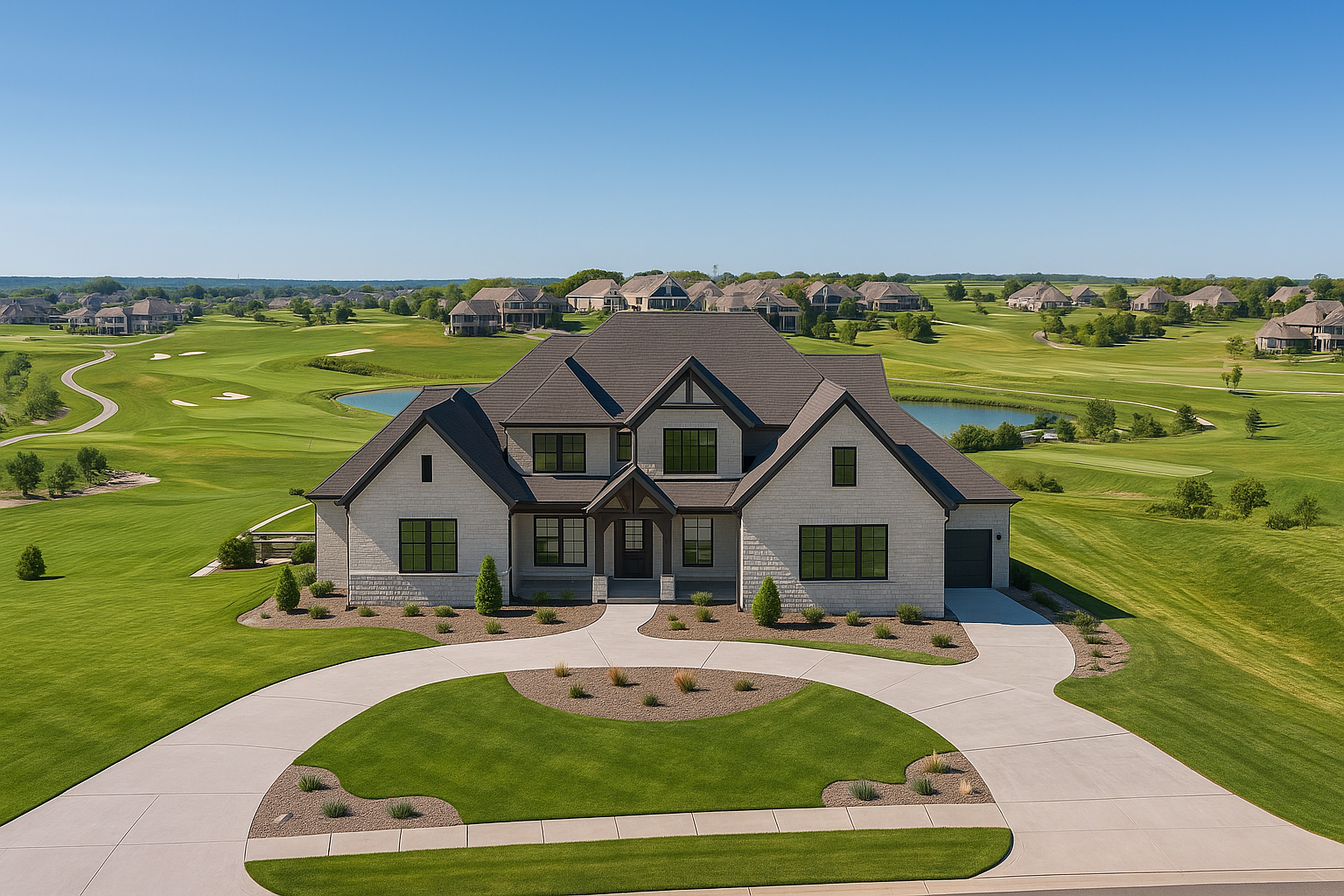 Large modern house on a well-manicured lawn with a driveway, situated on a golf course with water features and additional houses in the background under a clear blue sky.