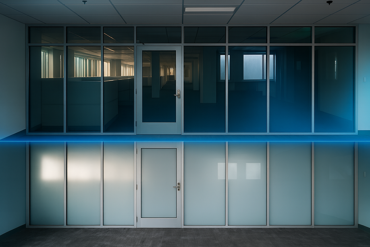A modern office with a glass-walled conference room featuring a glass door, illuminated by cool blue lighting and reflected in a water-covered floor.
