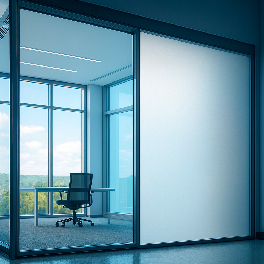 Empty office with large glass windows, a black office chair, and a white desk, overlooking a landscape with trees and blue sky.