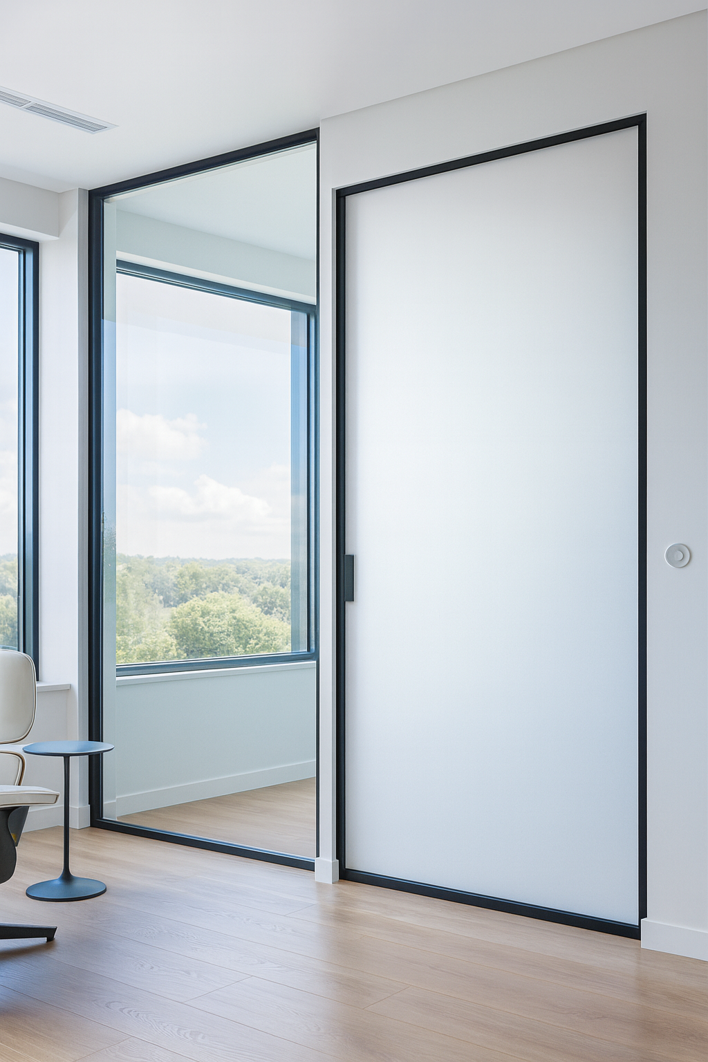 Modern interior with large windows overlooking green trees, a white sliding door with black frame, and light wood flooring.