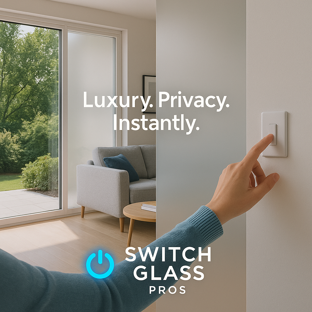 Interior of a modern living room with large glass sliding door and a gray sofa. A hand is pressing a wall switch to control lighting or appliances. Text overlay: "Luxury. Privacy. Instantly." and a glowing power icon with the words "Switch Glass Pros."