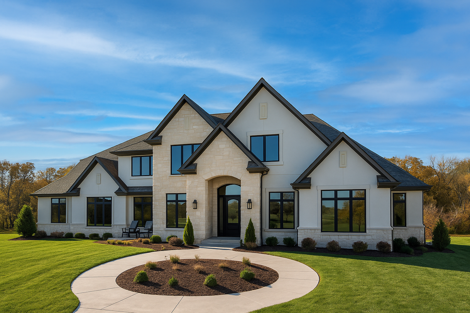 A large modern house with a stone and white exterior, multiple gabled roofs, surrounded by a neatly manicured lawn and a circular concrete driveway.