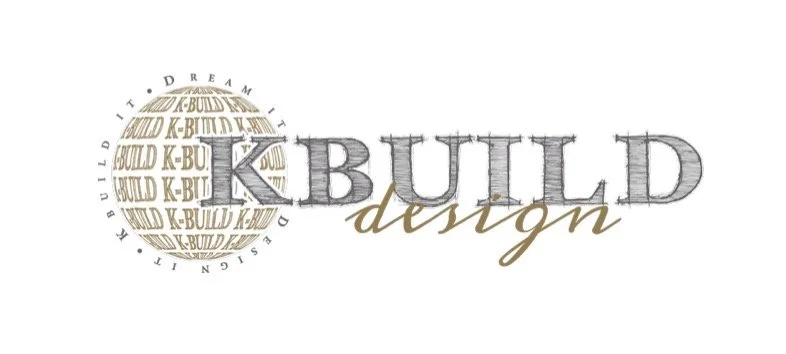 Logo featuring a circular emblem with repeated text 'K-BUILD' and the words 'KBUL' inside it, accompanied by the words 'KBUILD design' with 'KBUILD' in gray and 'design' in brown cursive.