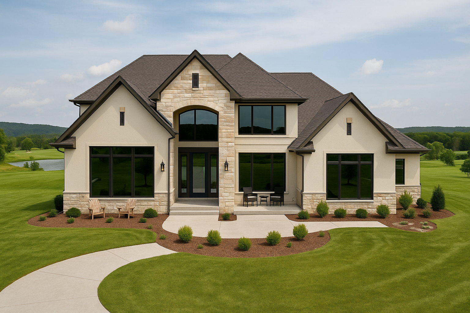Front view of a modern two-story house with large windows, a stone and stucco exterior, and a well-manicured lawn with a curved walkway and outdoor seating.
