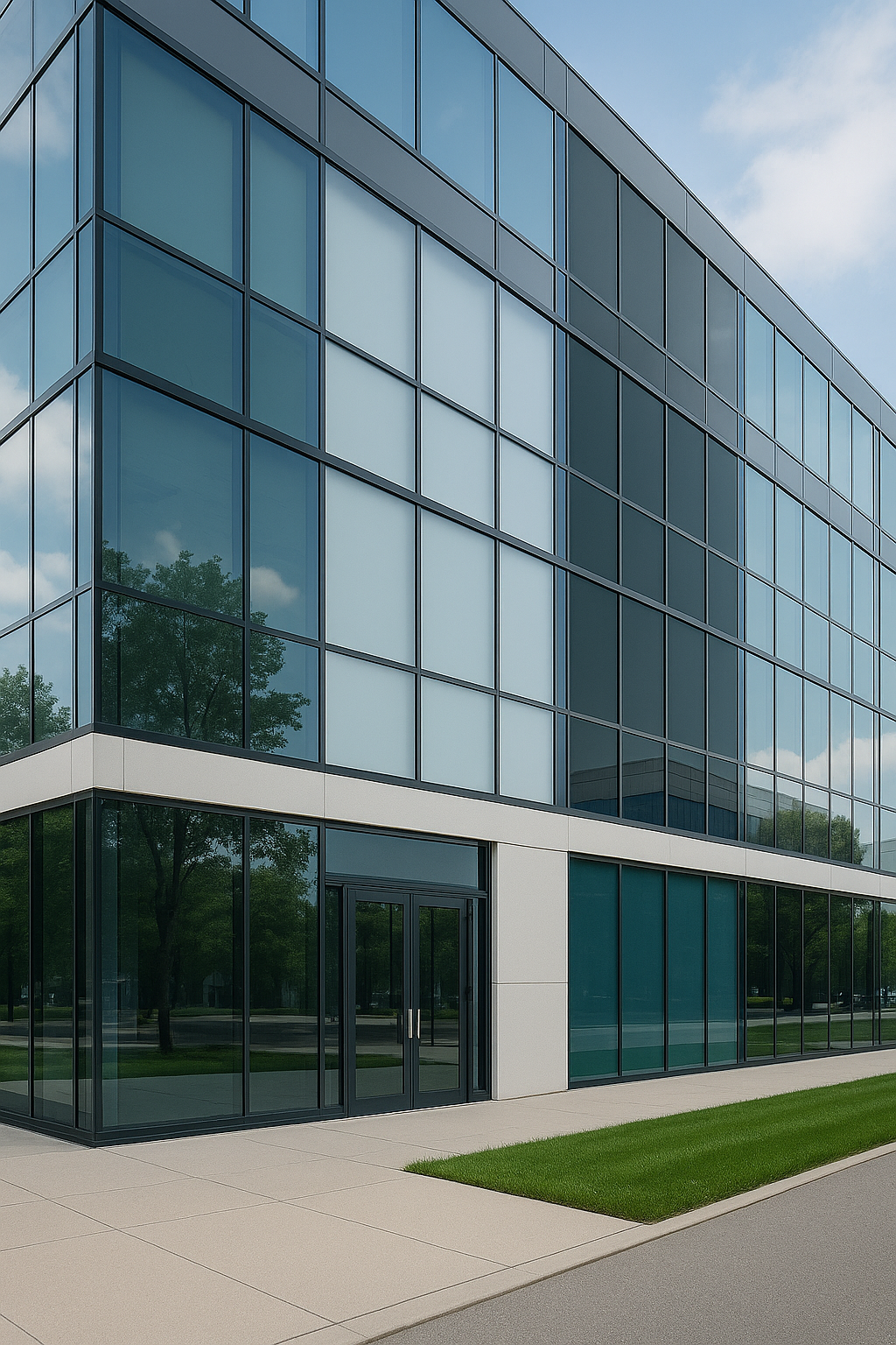 Modern multi-story building with glass exterior reflecting trees and sky, with sidewalk and grass in foreground.