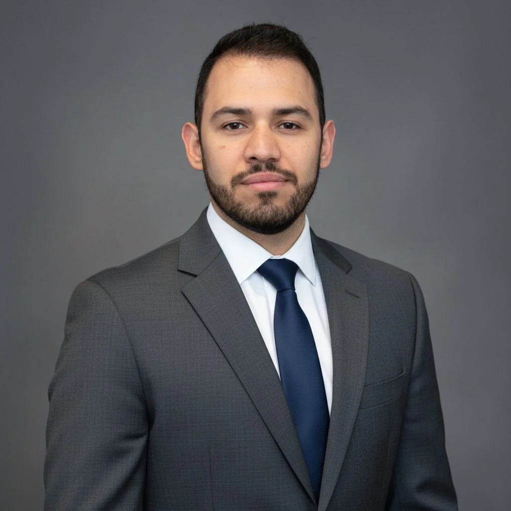 Retrato de un hombre con traje gris, camisa blanca y corbata azul, con barba y cabello corto, frente a un fondo gris oscuro.