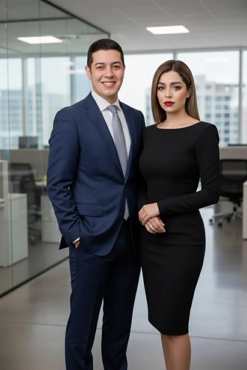 Dos profesionales, un hombre y una mujer, posando en una oficina moderna con ventanas. Él lleva un traje azul y ella un vestido negro.