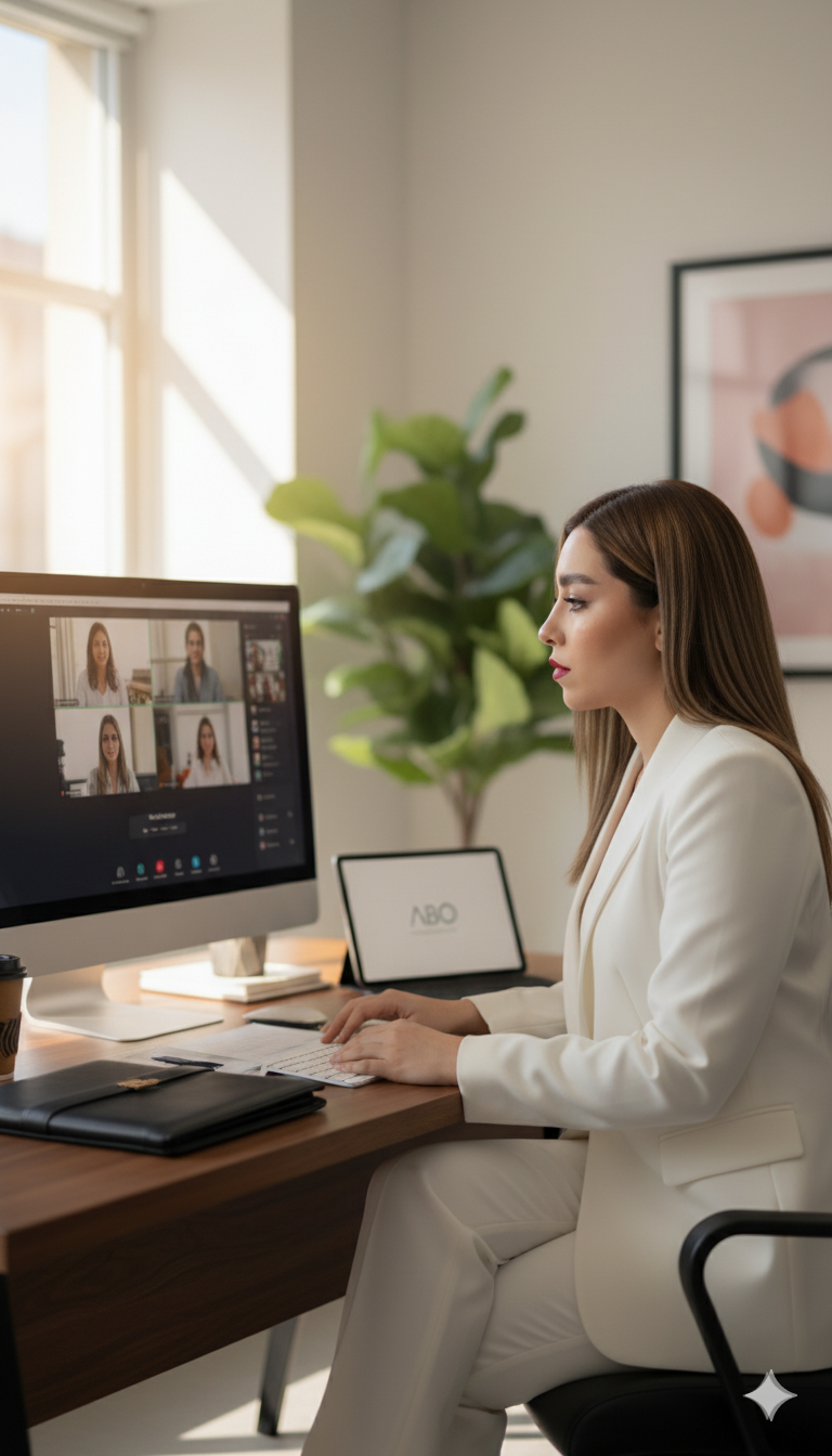 Mujer en traje blanco trabajando en una videollamada en su escritorio con una computadora y una planta de fondo.