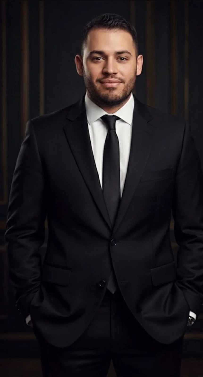 Hombre de negocios con saco negro y corbata en un fondo oscuro.