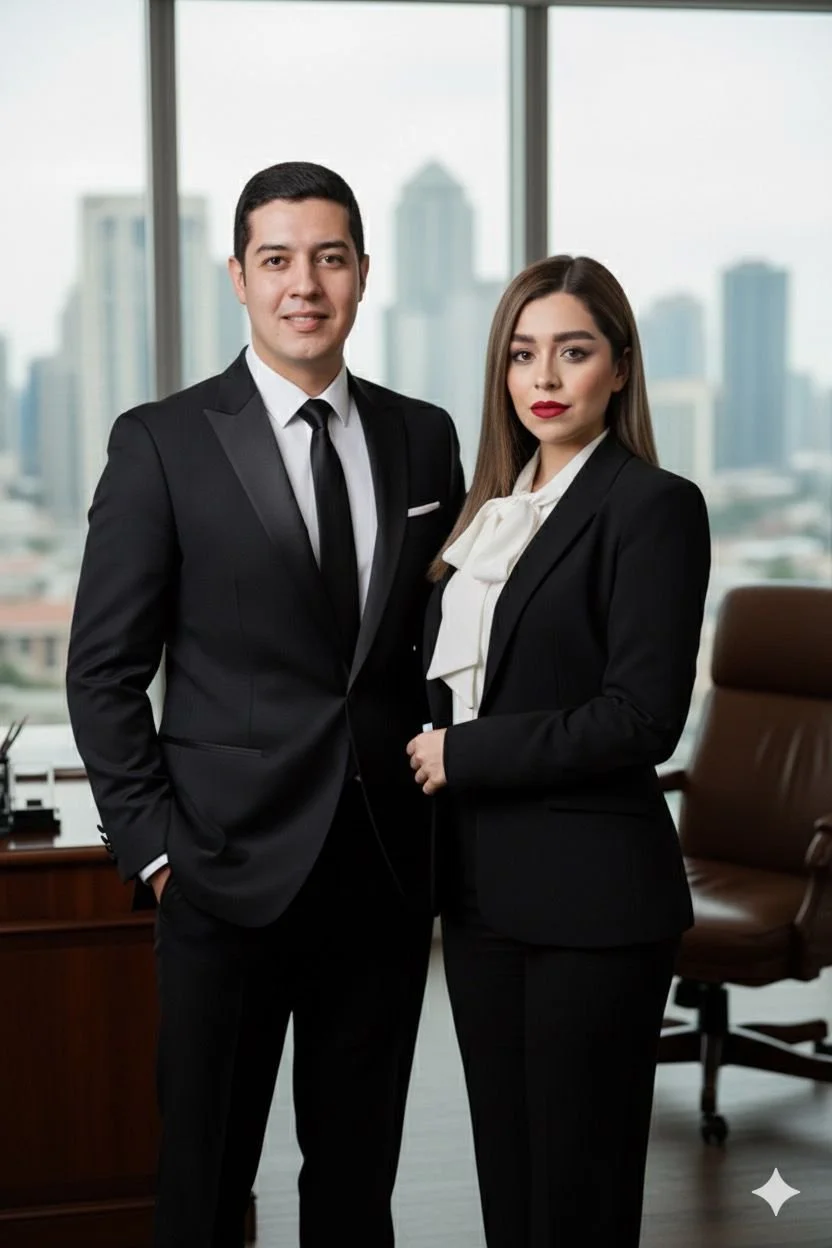 Hombre y mujer de negocios en traje formal en oficina moderna con vista a la ciudad.