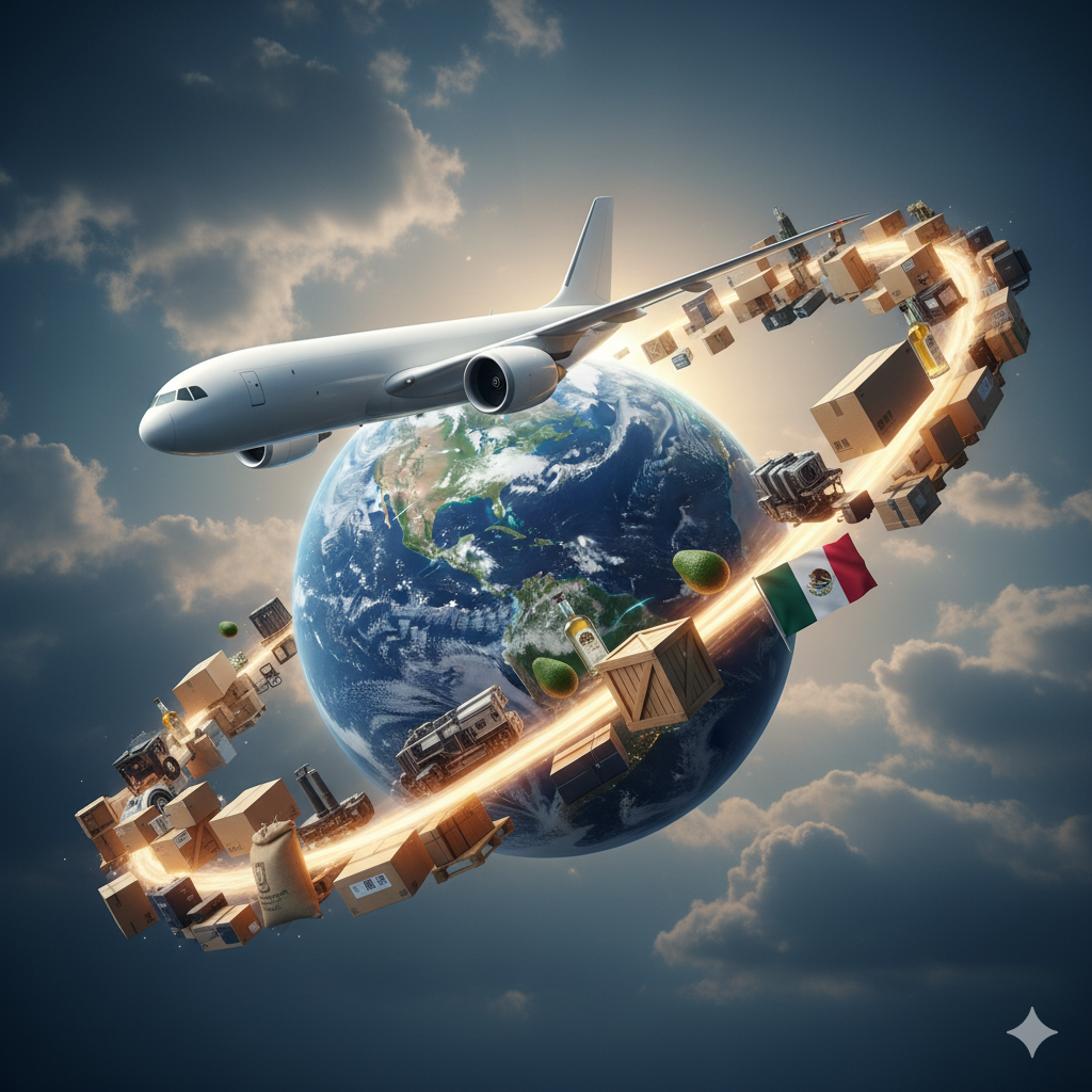 Avión de pasajeros volando sobre la Tierra, rodeado de cajas, camiones y objetos relacionados con el envío y la logística en el espacio.