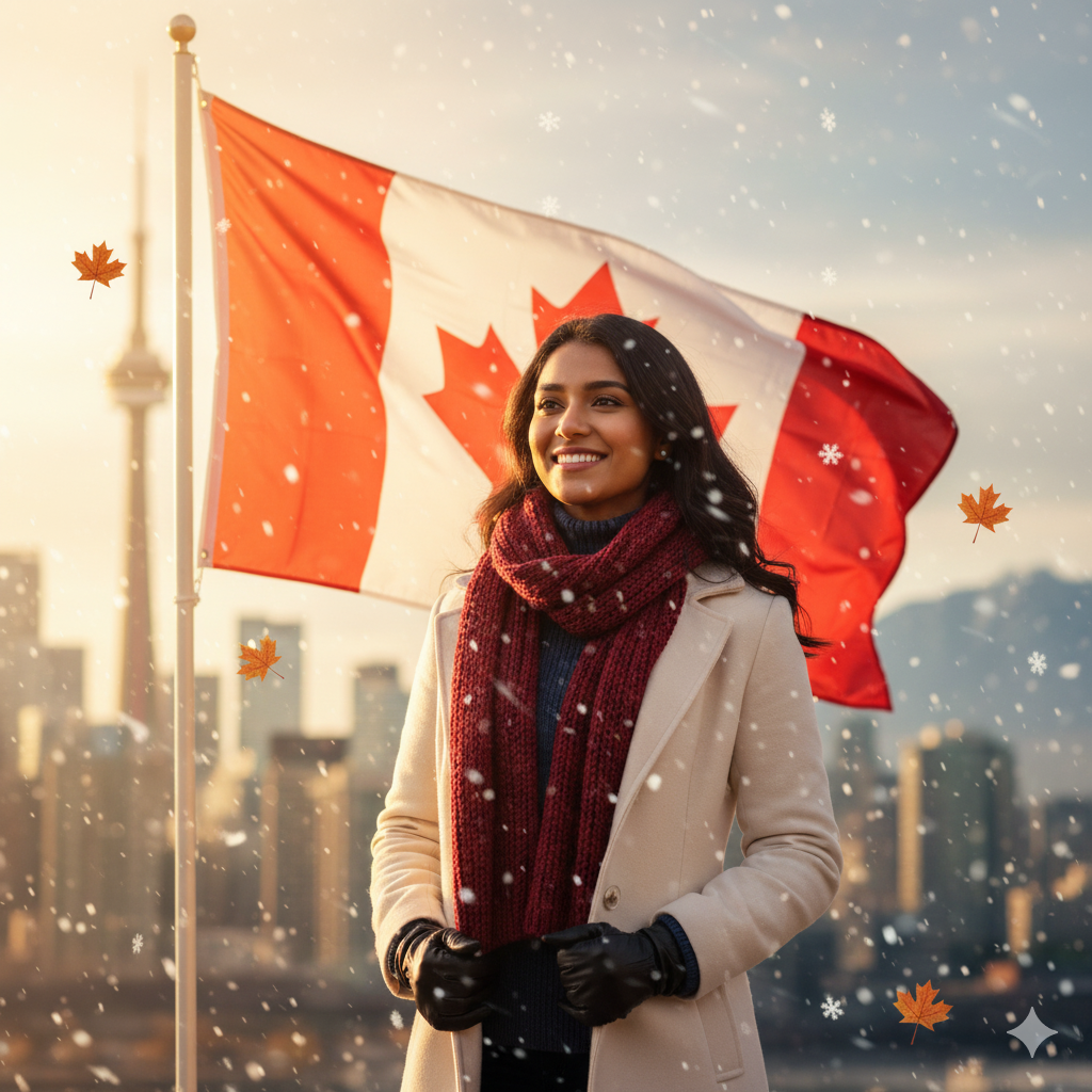 Joven mujer sonriendo frente a una bandera de Canadá durante la nieve en la ciudad.