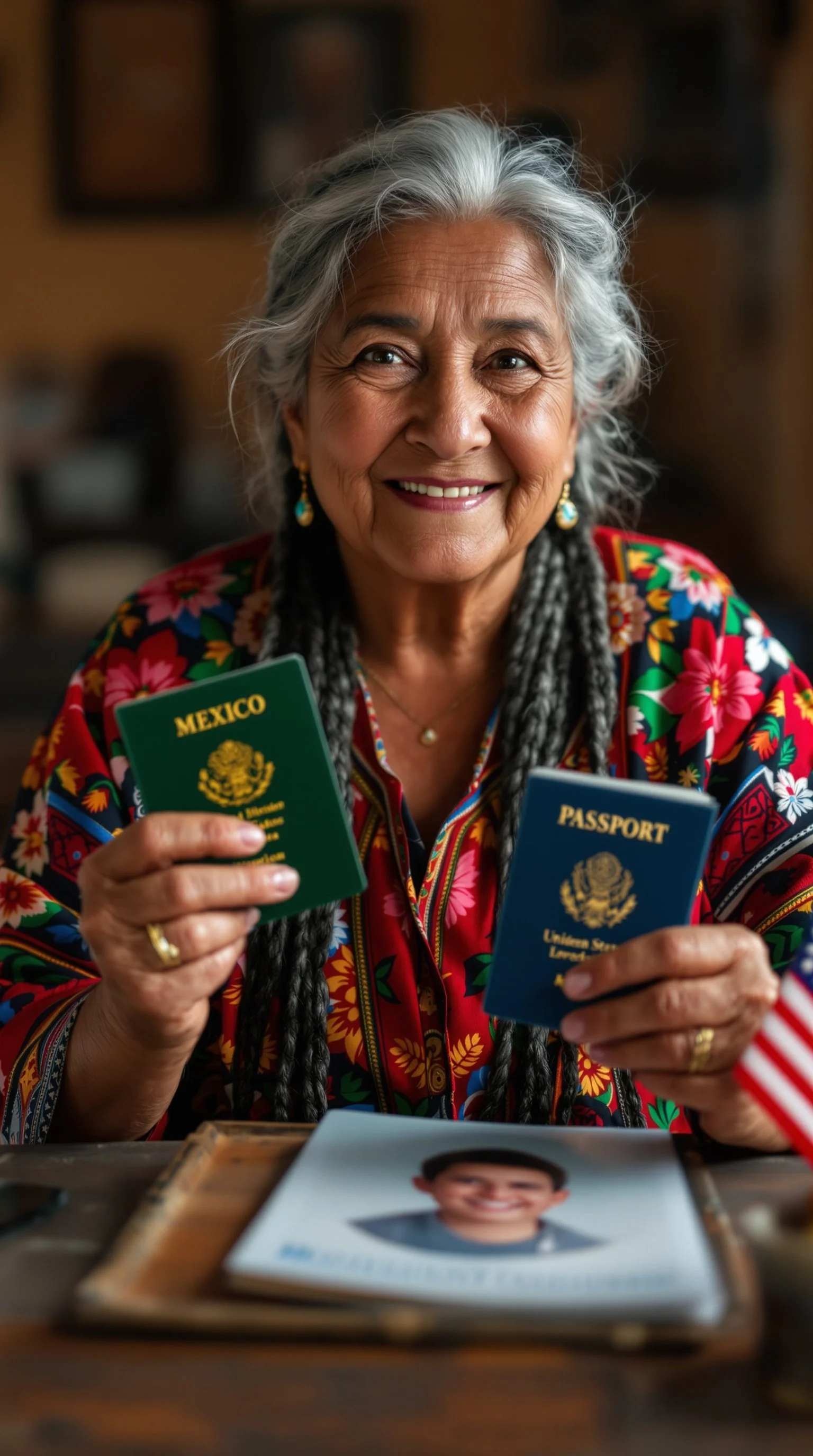 Una mujer mayor con cabello gris, sonriendo, sosteniendo un pasaporte mexicano y uno de Estados Unidos, con una foto de un joven en primer plano