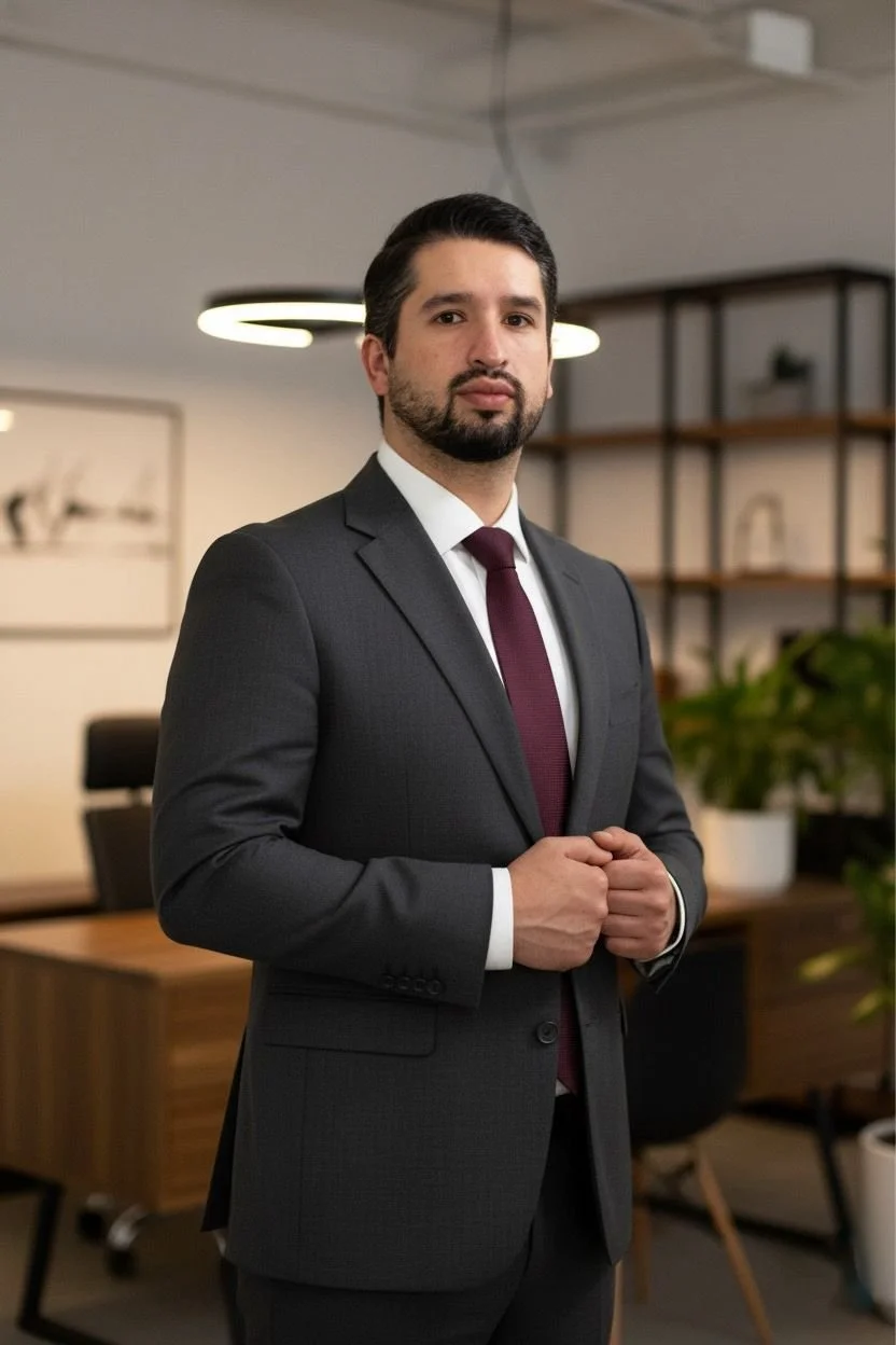 Hombre de negocios con barba, cabello oscuro, vestido con traje oscuro, camisa blanca y corbata burdeos en oficina moderna con libreros y plantas.