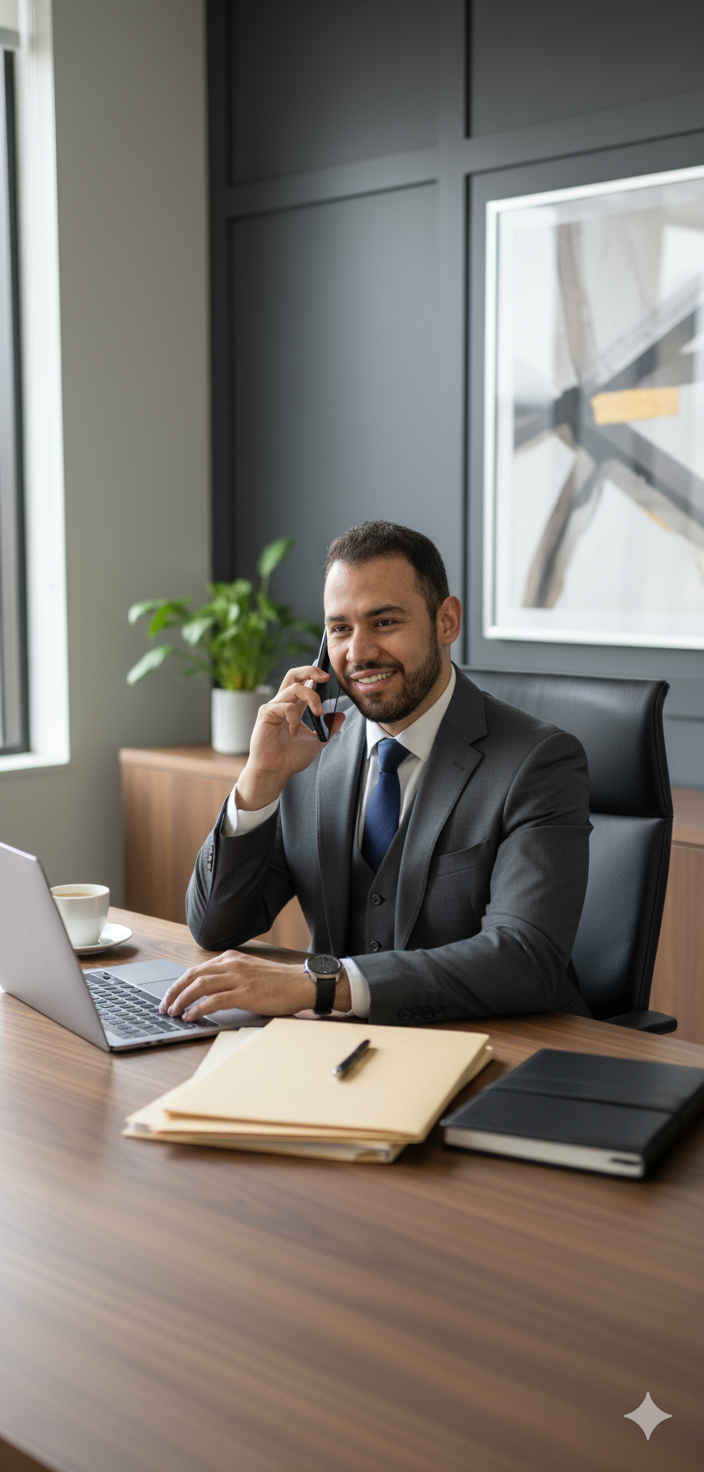 Hombre de negocios hablando por teléfono en una oficina moderna con plantas y cuadros en las paredes.