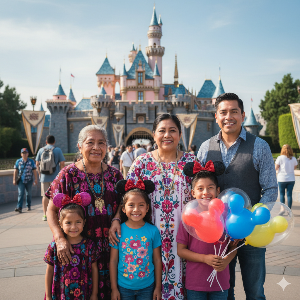 Familia sonriendo frente al castillo de Disney en un parque temático, con niños sosteniendo globos coloridos.