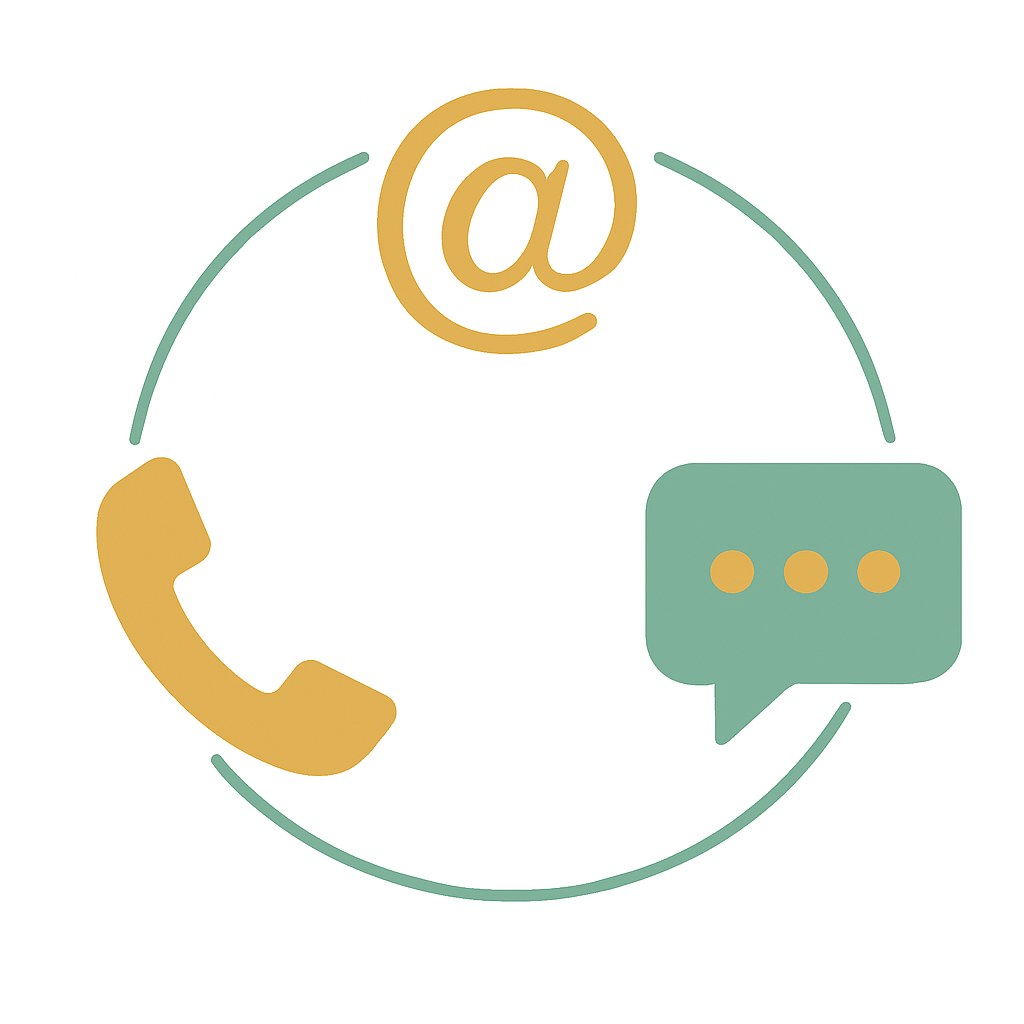 Illustration d'un symbole de communication comprenant un téléphone, une bulle de chat et une adresse e-mail entourés d'un cercle.