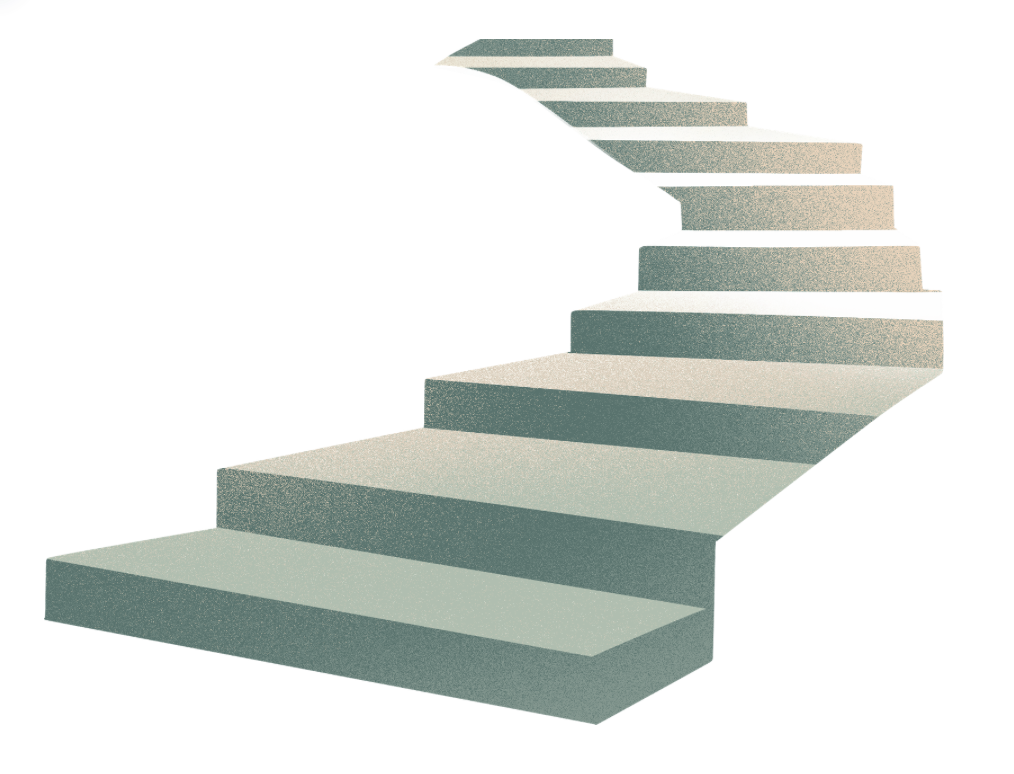 Escalier en colimaçon en 3D stylisé avec des marches inclinées, vue de dessus pour symboliser le chemin des reussites.