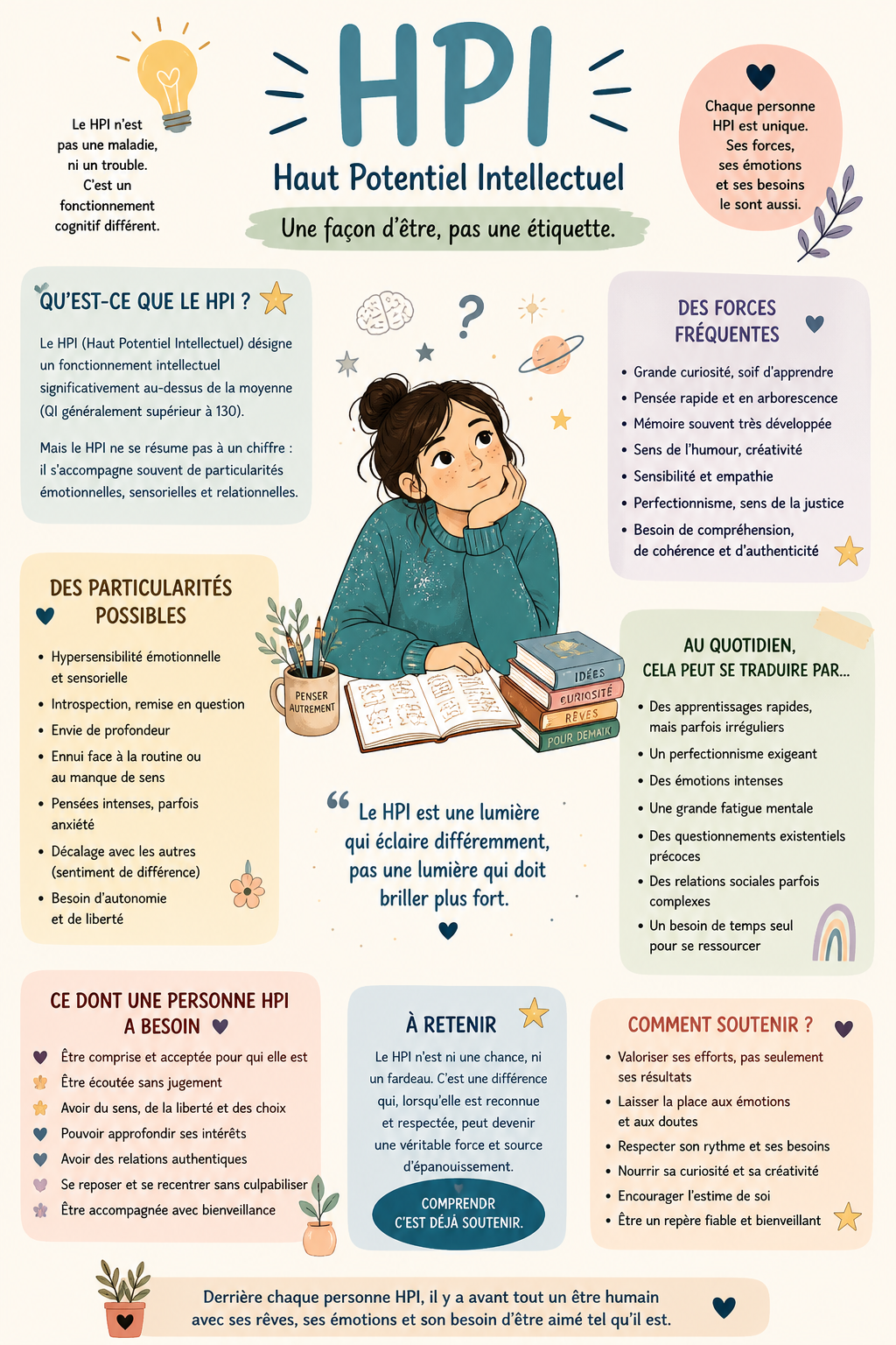 le Haut Potentiel Intellectuel (HPI), expliquant que le HPI n'est pas une maladie mais un fonctionnement cognitif différent, avec des caractéristiques telles que la curiosité, la mémoire développée, la sensibilité, la créativité, et le besoin de compréhension. Elle mentionne aussi les particularités possibles comme l'hypersensibilité, l'introspection, et la fatigue mentale, ainsi que les besoins et comment supporter les personnes HPI dans leur quotidien.